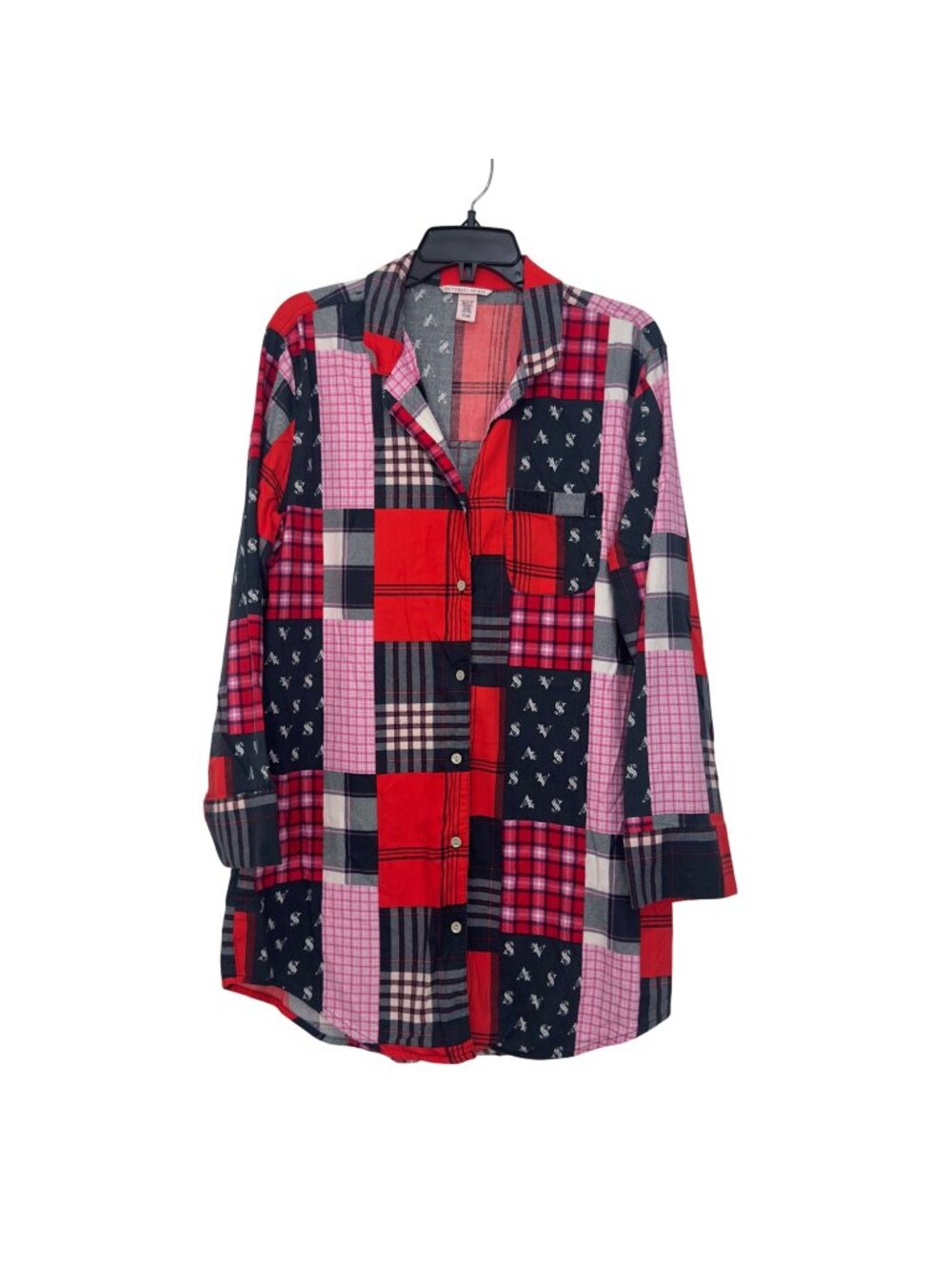 Victorias Secret Women Red/Gray Patchwork Flannel Plaid Butt-Up Pijama Shirt S
